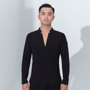 New Dore Latin Dance Shirt Long Sleeve V-Neck Slim Fit Black for Men Suitable for Standard Modern Dance Practice Uniform