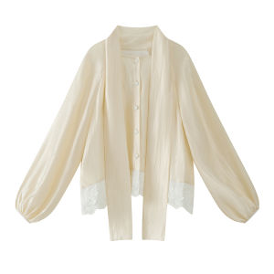 เสื้อเชิ้ตแขนยาวลายปักสีเหลืองสไตล์ฝรั่งเศส Original Design SoloCoucou พร้อมเข็มขัดและกระโปรงทรงเอ