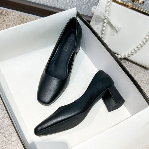 Professional High Heel Work Shoes Womens Chunky Heel Genuine Leather Soft Bottom Stand All Day Comfortable Black Formal Single Shoes