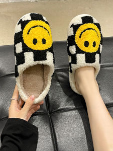 Cute Smiley Face Gingham Cotton Slippers Female Autumn and Winter Couple Interior Home Thermal Soft Soled Non Slip Hairy Slippers Male