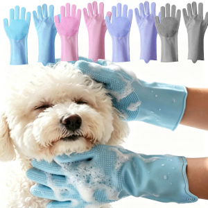 Soft Silicone Pet Bath Gloves / Effective Hair Remover & Massage Mittens / Protective Grooming Accessories for Dogs Cats