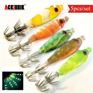 Ackibbik 5pcs/set Squid Jig Hook Glow-in-the-dark Squid Hook Glow Tube Wooden Shrimp Fishing Soft Bait Fishing Supplies Octopus