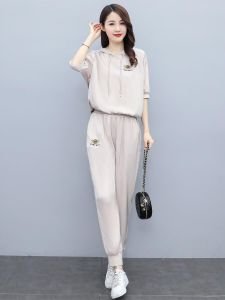 Ice Silk Casual Set Women Summer 2025 New Fashion Acetate Hooded Visceral Vivacious Anti-Aging Two-Piece Set Polyester Fiber