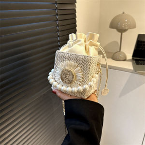 Trendy Grass Woven Beach Bag Womens 2023 New Fashion Small Fresh Fairy Single Shoulder Slant Cross Bucket Bag Leisure Scene