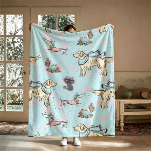 BILIBILI | Chăn Lông Cừu Màu Nước Hình Chó Mèo Chất Liệu Flannel Bạc Hà Dùng Cho Ghế Sofa Văn Phòng Giường Ngủ Du Lịch Thư Giãn Cắm Trại - Sử Dụng Được Bốn Mùa 100% Polyester Chất Liệu Lông San Hô