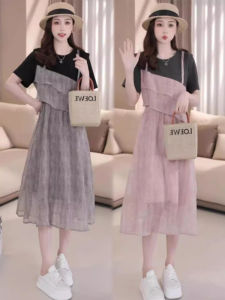 Korean Style A-Line Midi Dress Fake Two-Piece Design Summer New Fashion Slimming Short Sleeve round Neck Dress for Women