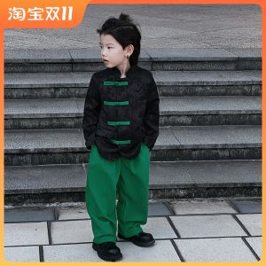 New Chinese Style Set Green Fatty Embroidery Baby Boy Spring New Style Side Button Tang Suit Childrens Ethnic Clothing