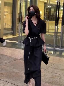 Bộ Đồ Hai Mảnh Màu Đen Thanh Lịch Kiểu Pháp Mùa Hè Mới Về Tay Bồng Váy Nửa Thân Thời Trang Thường Ngày Dành Cho Nữ