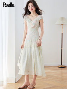 puella | Summer Lace and Floral Stitched Dress Tea-style Elegant Waist-contracting Long
