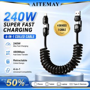 Aitemay 240W 4‑in‑1 Retractable Spring Car Charging Data Cable Multi‑Interface USB‑C Fast Charging Cord Compatible for IOS Android Support CarPlay Data Sync Anti‑Tangled Auto‑Retract Car Cable for Vehicle Daily Use
