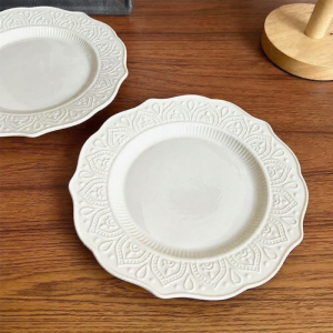 Vintage Aged White Embossed Underglaze Ceramic Plates