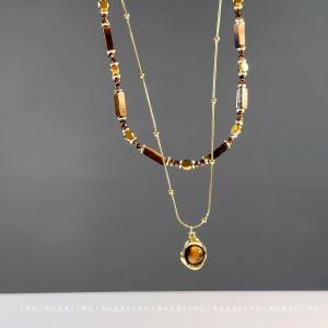 Amber Golden Eye Vintage Natural Stone Beaded Necklace Layering Sweater Chain Clavicle Chain Fashion Jewelry Accessory