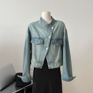 แจ็คเก็ตยีนส์ทรงสั้นสำหรับผู้หญิง ทรงเข้ารูป สไตล์วินเทจ ทรงเข้ารูป เอวสูง แขนยาว ปกติ คอลเลกชันฤดูใบไม้ผลิและฤดูใบไม้ร่วง