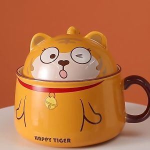 Tô Sứ Dễ Thương Ăn Mỳ Hình Con Hổ - Bát Tô Sứ Cỡ Lớn 1020ml Có Nắp Và Tay Cầm