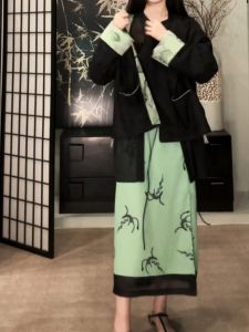 Classy Retro New Chinese Style Contrast Color Spun Yarn Skirt Long Skirt 2 Colors