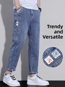 ROMON | Romon Mens Summer Thin Straight Leg Casual Jeans Loose Fit Light Blue Washed Elastic Cotton Polyester Blend Long Trousers