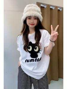Áo Thun Nữ Dáng Rộng Tay Ngắn Thoải Mái in Hình Mèo Hoạt Hình Mùa Hè 2025 Phong Cách Mới Thon Gọn Đa Năng
