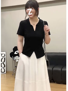 plus Size Womens T-Shirt V-Neck Slit Short Sleeve Slimming Waist Design French Style Summer Commute Loose Fit Basic Top