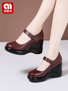 AOMANLIN | Leather Round Toe High Heel Wedge versatile Waterproof Thick Bottom Ladies Autumn Shoe