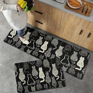 VIKAMA Cute Black Cat Kitchen Rugs Set of 2 Country Style Kitchen Rugs Farmhouse Style Non-Slip Washable Floor Mats Home Decor