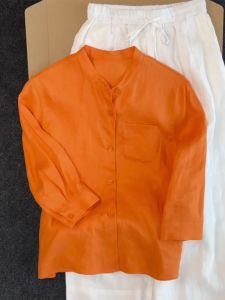 Summer New Style Orange Linen Shirt Single Button Long Sleeve Small Stand Collar Outerwear Top Korean Loose Fit Commute Wear