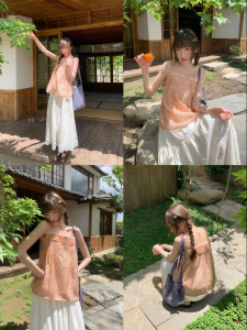 NIHAOKANONG | Áo Camisole Carô Nếp Lấp Lánh Phong Cách Cổ Điển