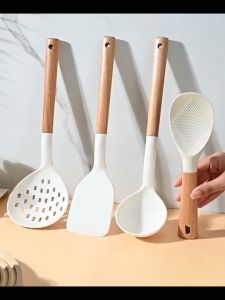 Silicone Cooking Tools with Wooden Handles Heat Resistant Non-Stick Kitchen Utensils Food Safe and Odorless