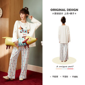 Đồ Ngủ Dài Tay Bằng Cotton Mềm Mại Dễ Thương Cho Nữ Mùa Xuân Thu Đồ Ngủ Mặc Nhà in Họa Tiết Hoạt Hình