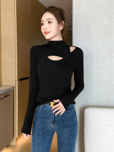Fashionable Hollow out Long Sleeve Half High Neck T-Shirt Womens Spring Autumn Black Stylish Knitted Base Shirt Trendy Top