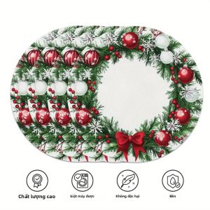 VIKAMA Xmas Pine Wreath Placemat Phông Nền Màu Trắng Với Quả Bóng Màu Đỏ Berry Bow Snowflake - Bàn Ăn Ngày Lễ Theo Mùa Thảm Vải Lanh Trang Trí Nhà Bếp Chống Thấm Nước