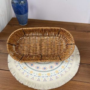 Tabletop Knife Fork Basket Long Rectangle Storage Basket Wicker Weaving Fruit Snack Vegetable Organizer Korean Style Home Decor