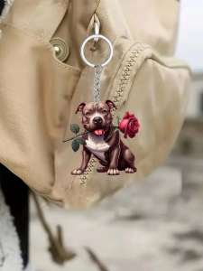 1 piece of cute little dog keychain with rose in its mouthinnovative design DIY backpack decoration romantic acrylic keychain