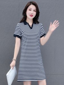 ชุดเดรสคอโปโลผ้าฝ้ายแท้สีพื้นเอวสูงทรงเอยาวปานกลางสำหรับผู้หญิง ชุดเดรสแฟชั่นฤดูใบไม้ผลิและฤดูร้อน