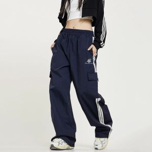 Retro สไตล์อเมริกันขากว้างกางเกงผู้หญิง Hip Hop Streetwear เอวสูงกางเกงกับกระเป๋า RuFB