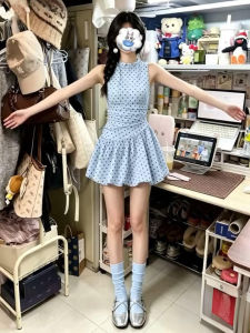Karrar betsey | Sleeveless Polka Dot Waist-Cinching Blue Dress