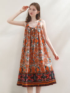 Miccbeirn | Silk Cotton Gauzy Print Halter Dress Vintage Ethnic Sweet Bow Tie Drapey Midi Skirt Loose Waist Summer Fashion Gown