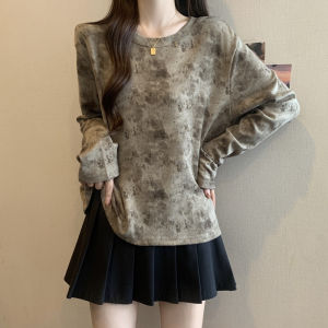 Retro Loose Fit Long Sleeve T-Shirt Womens plus Size Casual Basic Color Block Tie Dye round Neck Top for Autumn 2024