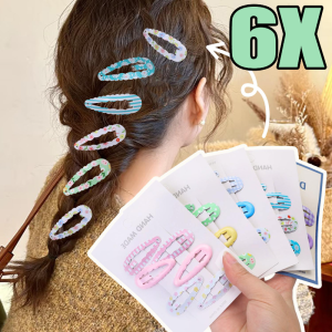 6pcs Sweet Candy Tone Water Drop Shaped BB Clip Pack / Wave Pattern Floral Dot Kids Side Hair Barrettes / Lightweight Tiny Decorative Hairpins