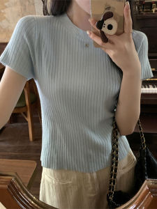 Fancy Shoulder Sunken Stripe T-shirt Womens Spring and Summer Chic Milk Blue Minimalist Short Sleeve Ice Silk Slim Fit Knitting Short Top