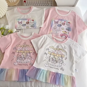 Girls T-Shirt 2025 Summer New Style Childrens Top Cute Printed Rainbow Skirt Short Sleeves