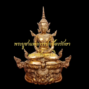 พระบูชาแห่งการปกป้องรักษา มหาจักรพรรดิ ปางทรงเครื่อง เนื้อทองเหลือง ประทับนั่งบัลลังก์ดอกบัวหงายบนฐานพญานาค และพระราหู ขนาดหน้าตัก 5 นิ้ว ขนาดความสูง 12 นิ้ว