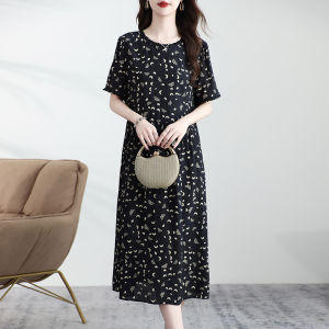 Elegant Silk Dress Womens Fashion Double Gauze Mulberry Silk Short Sleeve Waist Cinching Slimming Sweet Summer Dress