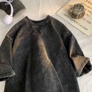 Vintage Rửa Sạch Cotton Nam Nữ Áo Phông Phố Hip Hop Retro Punk Bông Tai Kẹp Ngắn Tay Axit Rửa Hàng Đầu Cho Mùa Hè