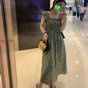 Elegant Gentle Style Womens Dress Square Collar Fly Sleeve Waist Cinched Tea Break Long Summer Dress Fresh Green Floral Print