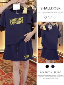 Shalldoer | Korean Style Printed Casual Summer Fashion Womens Short Sleeve T-Shirt Skirt Two-Piece Set Round Neck Short Pants Ensemble