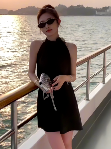 Summer New Rose Embroidery Design Shoulder Bared Neckline Sleeveless Womens Dress Casual Loose Flattering Short Skirt