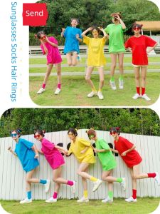 Colorful Pure Cotton Short Sleeve T-Shirt for Best Friends Matching Outfits Square Dance Dopaamine Candy Color Korean Style