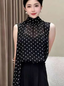 chaqi | French Dot Stand Collar Sash Sleeveless Chiffon Shirt Women Summer Design Sensation Niche Fashion Trendy Top Commute Style Loose Fit