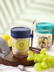 Hộp Đựng Yến Mạch Qua Đêm Kín Khí 350ML Có Nắp Và Thìa Hộp Đựng Thức Ăn Bằng Thủy Tinh Di Động Hộp Đựng Salad Trái Cây Thân Thiện Với Môi Trường Hình Tròn