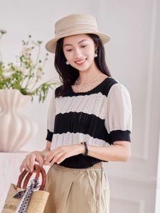 WANGGONGZHU | Striped Knitwear Women Summer Thin New Fashion Age-defying Splice Bubble Sleeve Top Design Sense Korean Style Cotton Round Neck Short Sleeve